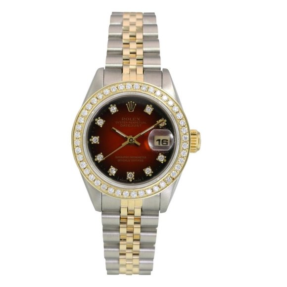ROLEX DATEJUST RED VIGNETTE SQUARE DIAMOND DIAL 18KY TWO-TONE 26 MM 69173 - Picture 2 of 7